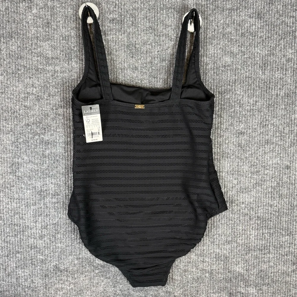 Lauren Ralph Lauren Black Striped Ottoman Mesh One-Piece Swimsuit Size 12
